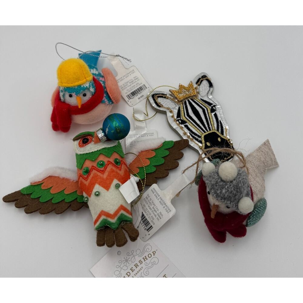 Target Wondershop Christmas Ornaments Lot Felt Owl Snowman‎ Zebra 4pc NEW